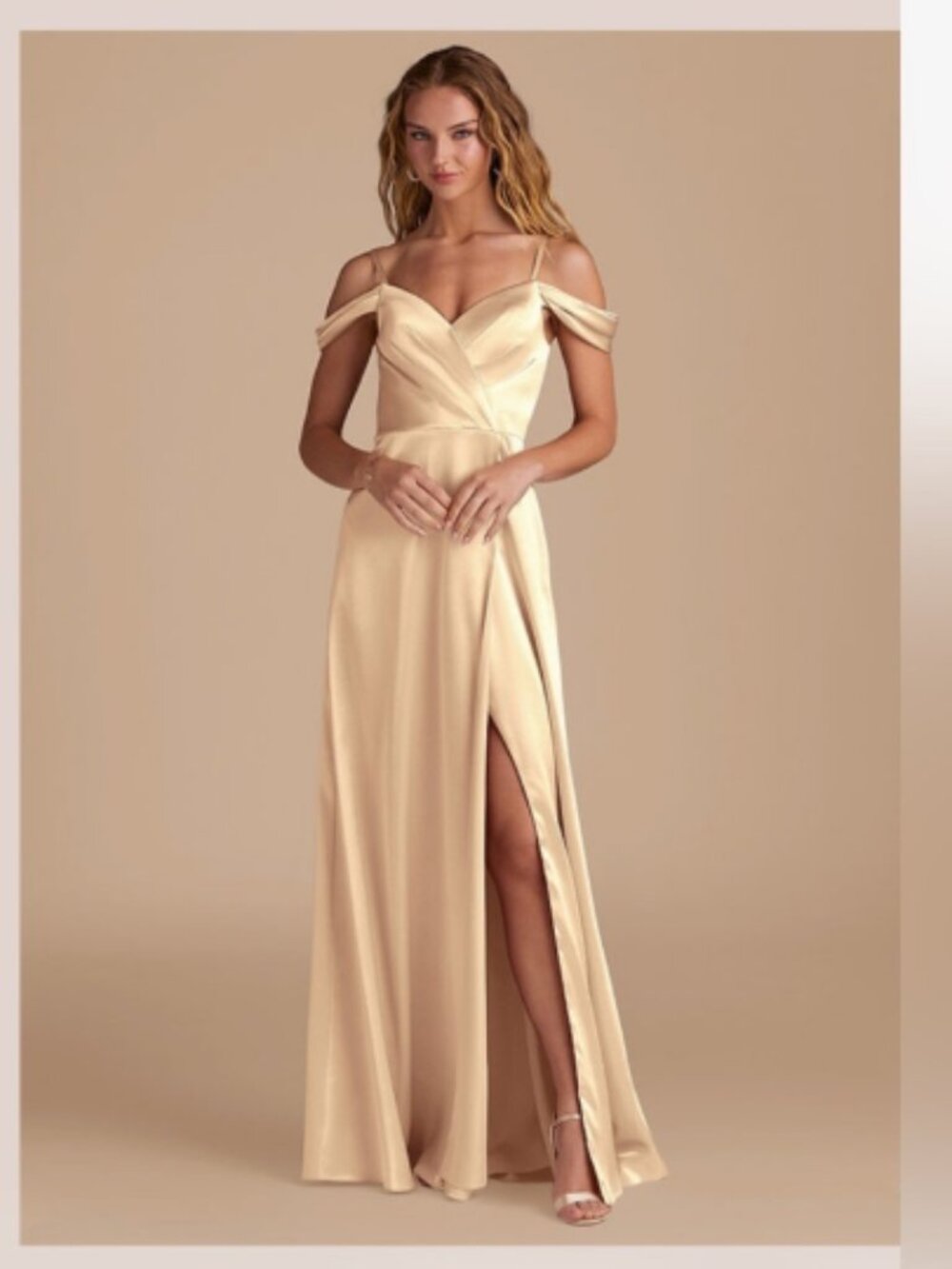 Azazie Ocean Gold A-Line Off the Shoulder Metallic Satin Dress